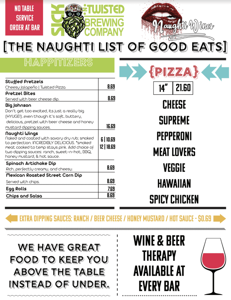 Sick-N-Twisted and Naughti Wines Food Menu for the Winter